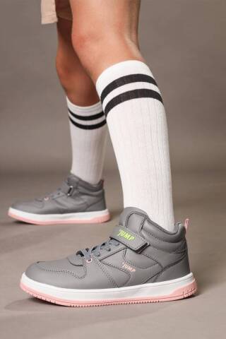 27758 Cırtlı Yüksek Bilekli Gri - Somon Pembe Kız Çocuk Sneaker Günlük Spor Ayakkabı - Jump (1)