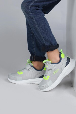 28106 Cırtlı Açık Gri - Neon Yeşil Üniseks Çocuk Sneaker Günlük Spor Ayakkabı - Jump (1)