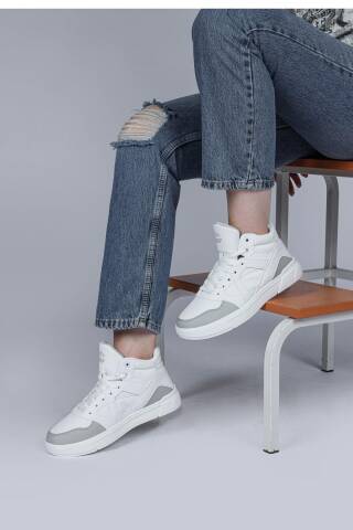 28746 Yüksek Bilekli Beyaz - Gri Kadın Sneaker Günlük Spor Ayakkabı - Jump (1)