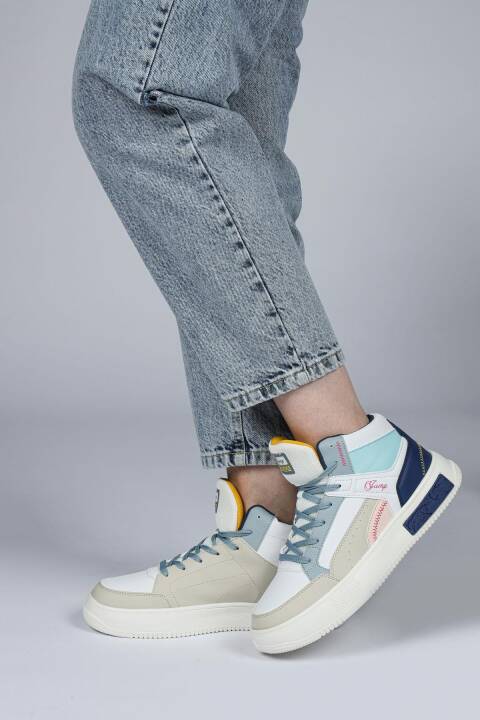 28756 Yüksek Bilekli Beyaz - Mavi Kadın Sneaker Günlük Spor Ayakkabı - 3