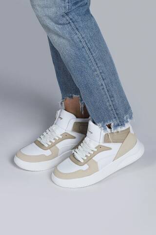 29100 Yüksek Bilekli Bej - Beyaz Kadın Sneaker Günlük Spor Ayakkabı - Jump (1)