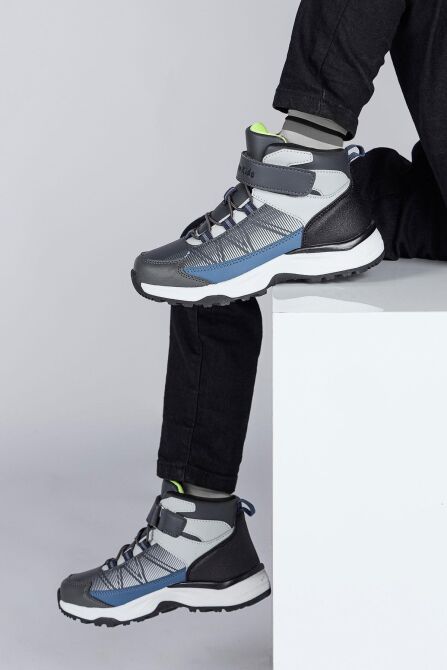 29194 Cırtlı Yüksek Bilekli Gri - İndigo Mavi Üniseks Çocuk Sneaker Günlük Spor Ayakkabı - 4