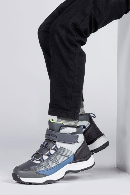 29194 Cırtlı Yüksek Bilekli Gri - İndigo Mavi Üniseks Çocuk Sneaker Günlük Spor Ayakkabı - 5