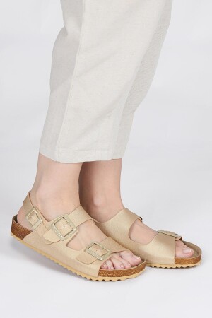 50011 Çift Tokalı Altın Rengi Kadın Sandalet - 2