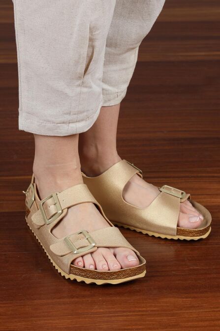 50011 Çift Tokalı Altın Rengi Kadın Sandalet - 3
