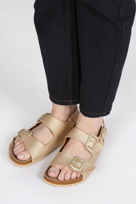 50011 Çift Tokalı Altın Rengi Kadın Sandalet - 4